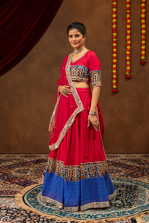 Navratri Rayon Cotton Lehenga Choli Set with Embroidery & Real Mirror Work Blouse, Faux Georgette Dupatta | 4 Meter Flair Garba Chaniya Choli