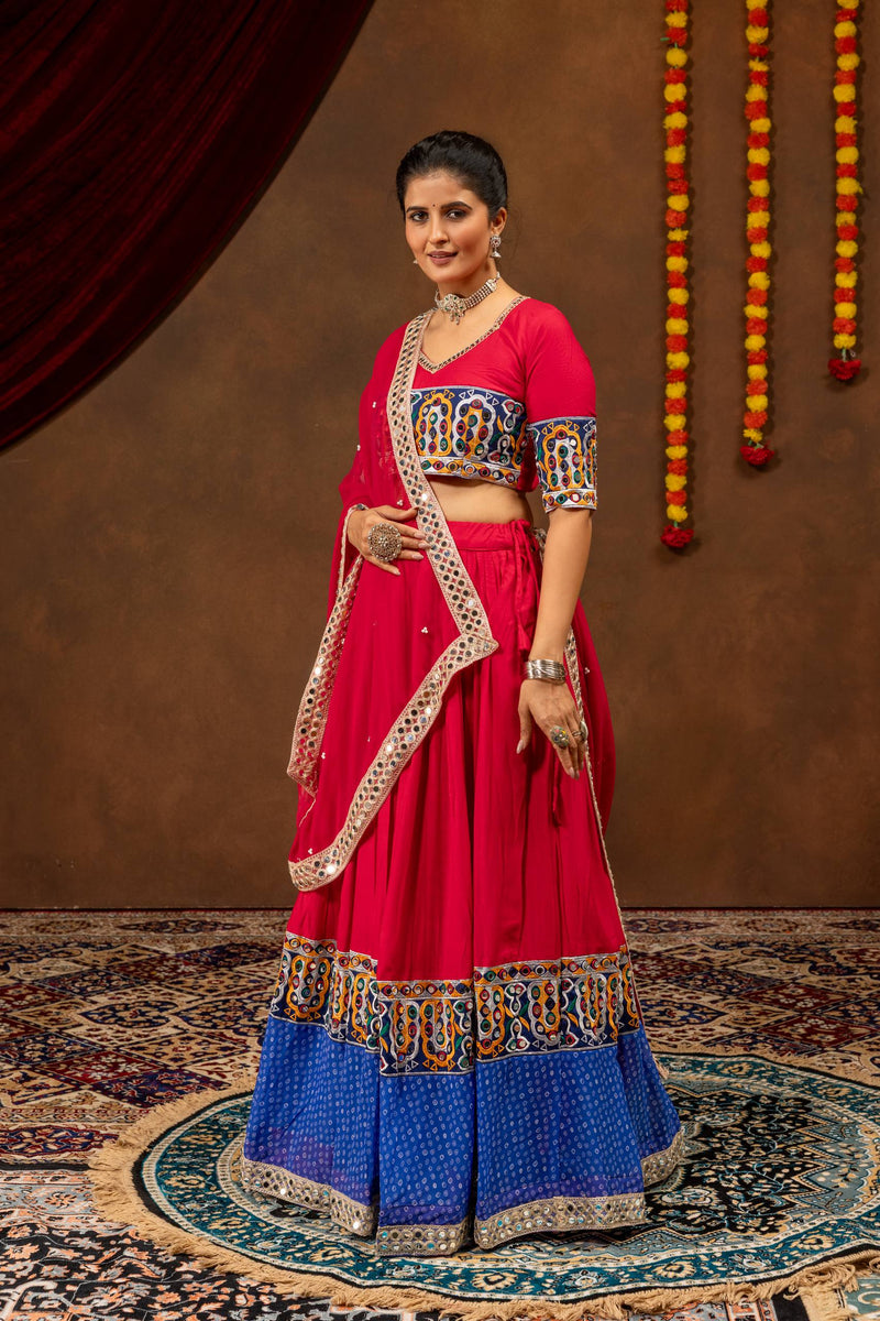Navratri Rayon Cotton Lehenga Choli Set with Embroidery & Real Mirror Work Blouse, Faux Georgette Dupatta | 4 Meter Flair Garba Chaniya Choli