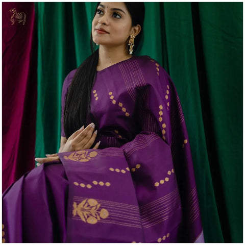 Royal Purple Banarasi Soft Silk Saree with Silver Zari Weaving & Elegant Woven Design
