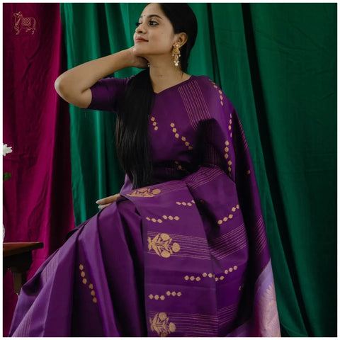 Royal Purple Banarasi Soft Silk Saree with Silver Zari Weaving & Elegant Woven Design