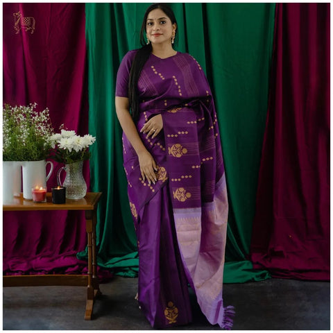 Royal Purple Banarasi Soft Silk Saree with Silver Zari Weaving & Elegant Woven Design