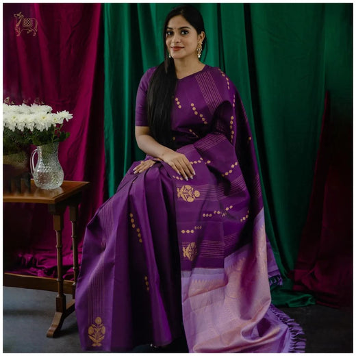 Royal Purple Banarasi Soft Silk Saree with Silver Zari Weaving & Elegant Woven Design