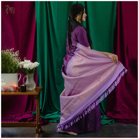 Royal Purple Banarasi Soft Silk Saree with Silver Zari Weaving & Elegant Woven Design