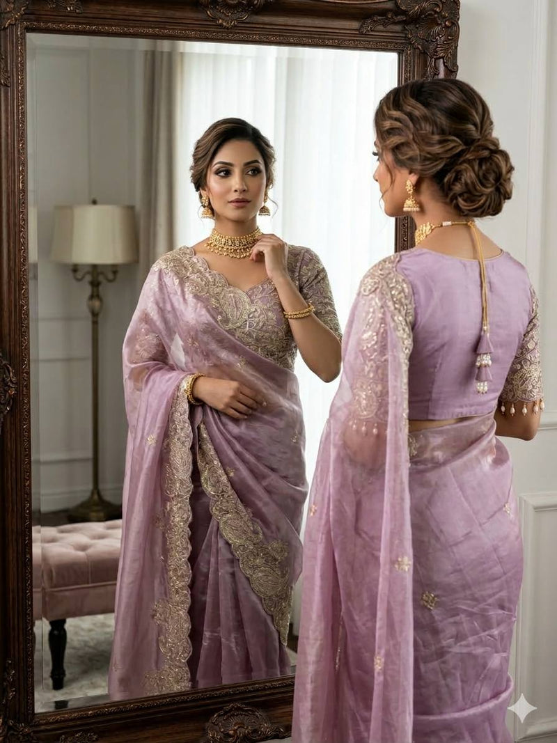 Designer Crystal Crush Tissue Saree with Stitched Contrast Blouse & Designer Border
