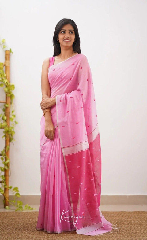 Elegant Pink Soft Cotton Saree with Woven Jacquard Border & Floral Motif Pallu