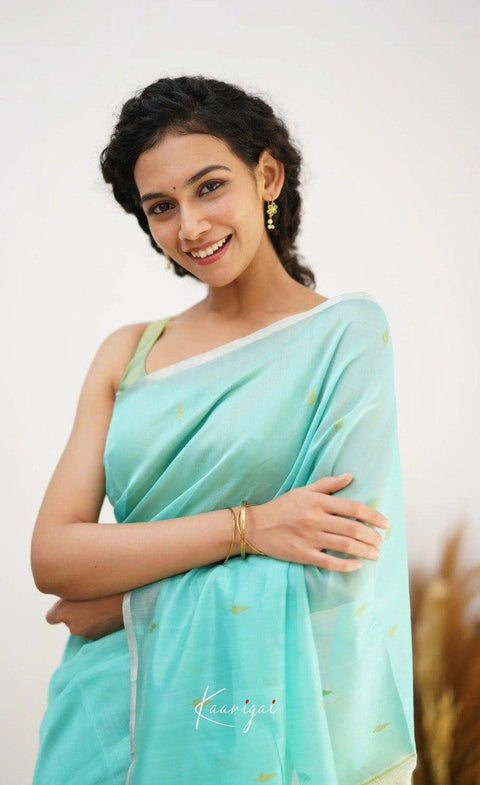Aqua Blue Soft Cotton Saree with Lime Green Jacquard Border & Elegant Woven Pallu