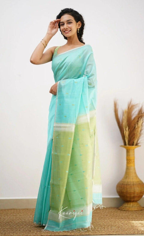Aqua Blue Soft Cotton Saree with Lime Green Jacquard Border & Elegant Woven Pallu