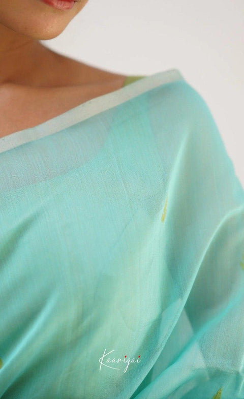Aqua Blue Soft Cotton Saree with Lime Green Jacquard Border & Elegant Woven Pallu
