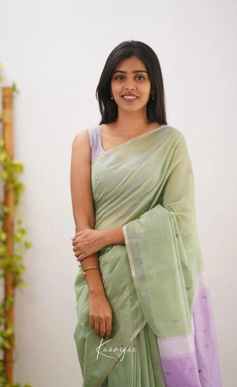 Elegant Sage Green Soft Cotton Saree with Lavender Jacquard Border & Woven Pallu