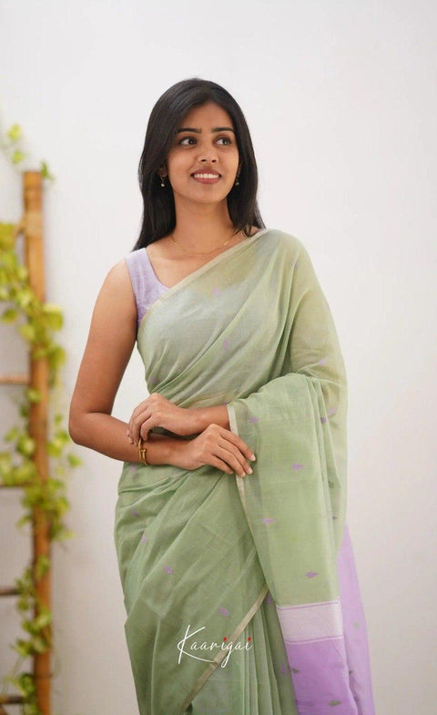 Elegant Sage Green Soft Cotton Saree with Lavender Jacquard Border & Woven Pallu