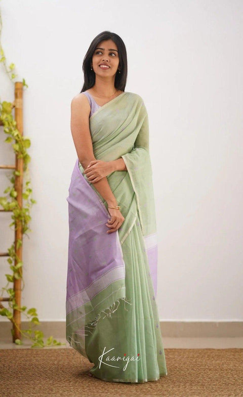 Elegant Sage Green Soft Cotton Saree with Lavender Jacquard Border & Woven Pallu