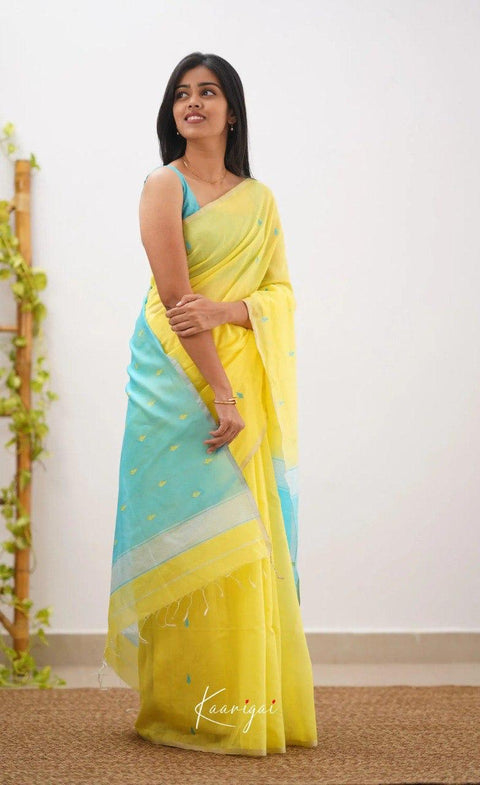Soft Cotton Silk Saree in Yellow with Aqua Blue Jacquard Border & Woven Pallu