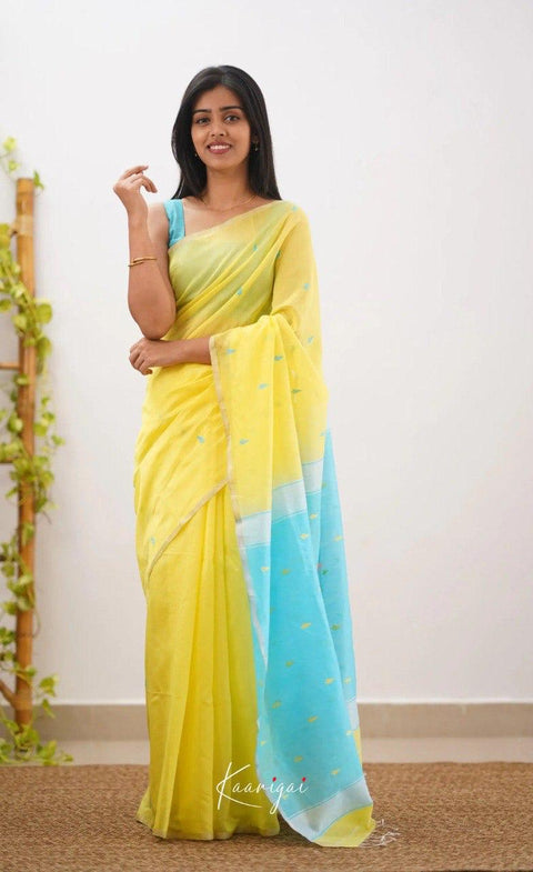 Soft Cotton Silk Saree in Yellow with Aqua Blue Jacquard Border & Woven Pallu