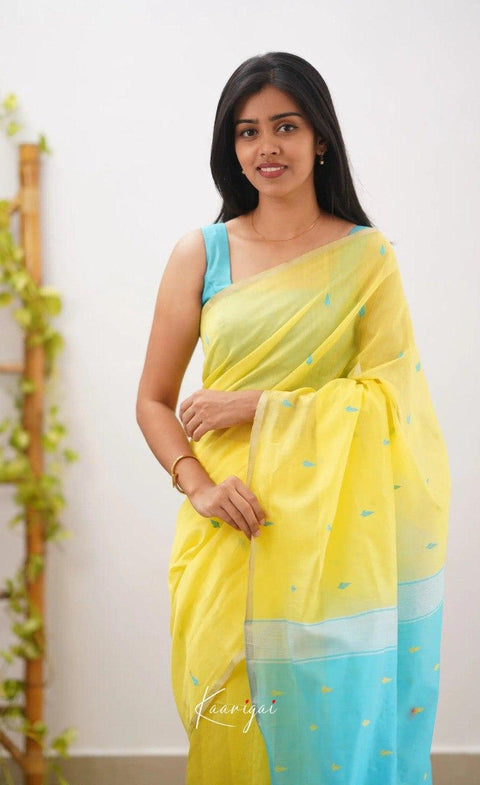 Soft Cotton Silk Saree in Yellow with Aqua Blue Jacquard Border & Woven Pallu