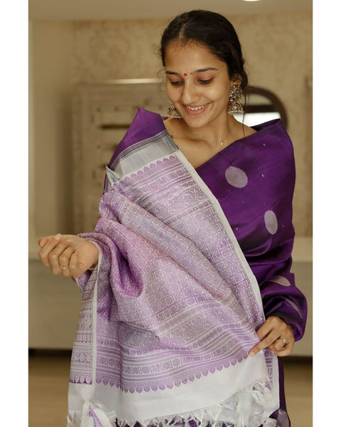 Royal Purple Banarasi Soft Silk Saree with Silver Zari Butti & Rich Woven Pallu