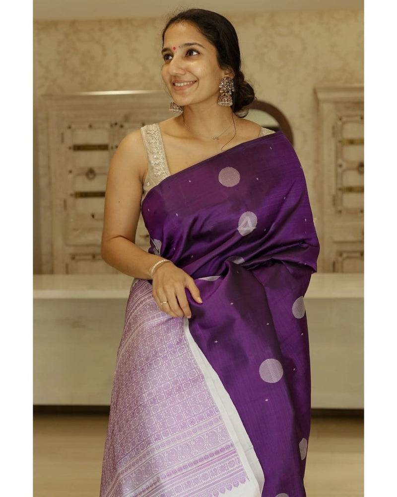 Royal Purple Banarasi Soft Silk Saree with Silver Zari Butti & Rich Woven Pallu