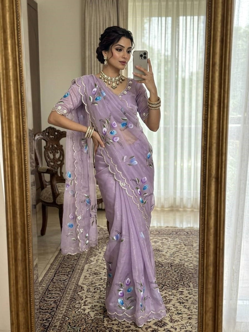 Premium Rose Gold Saree | Flower Handprint & Brush Print | Cutdana Handwork Border | Silk Handprint Blouse