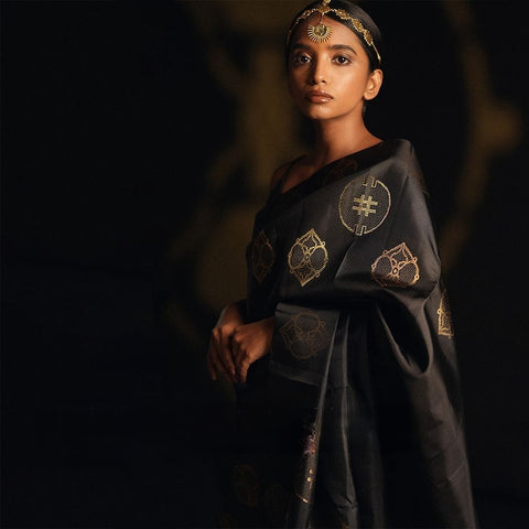 Elegant Black Banarasi Soft Silk Saree with Gold Zari Motifs & Green Woven Border