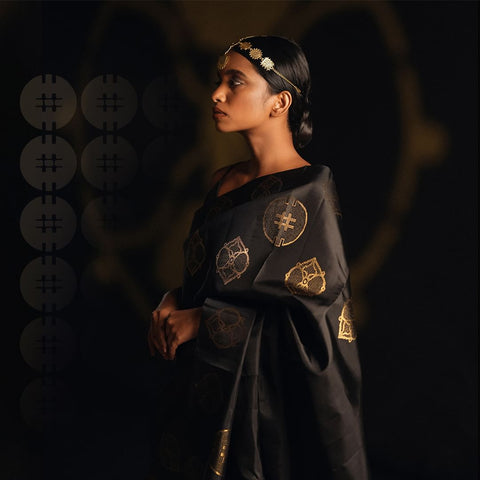 Elegant Black Banarasi Soft Silk Saree with Gold Zari Motifs & Green Woven Border