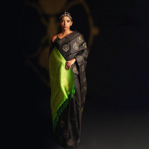 Elegant Black Banarasi Soft Silk Saree with Gold Zari Motifs & Green Woven Border