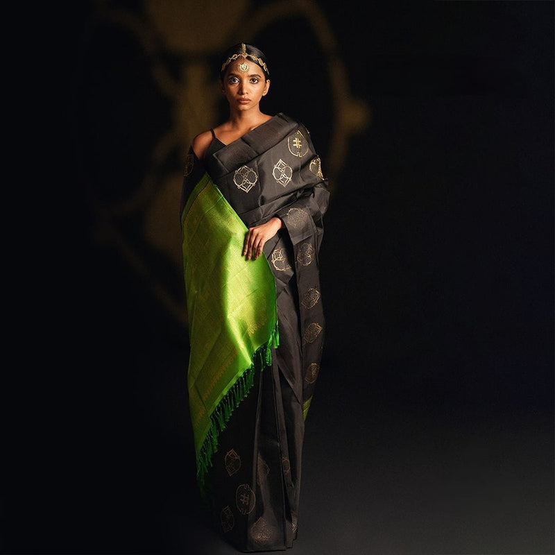 Elegant Black Banarasi Soft Silk Saree with Gold Zari Motifs & Green Woven Border