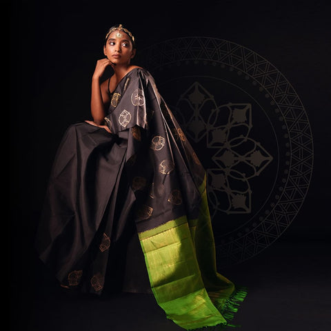 Elegant Black Banarasi Soft Silk Saree with Gold Zari Motifs & Green Woven Border