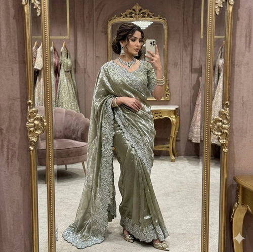 Premium Space Silk Satin Saree | Sequin, Thread & Zari Work | Scallop Border | Tassel Embroidered Blouse