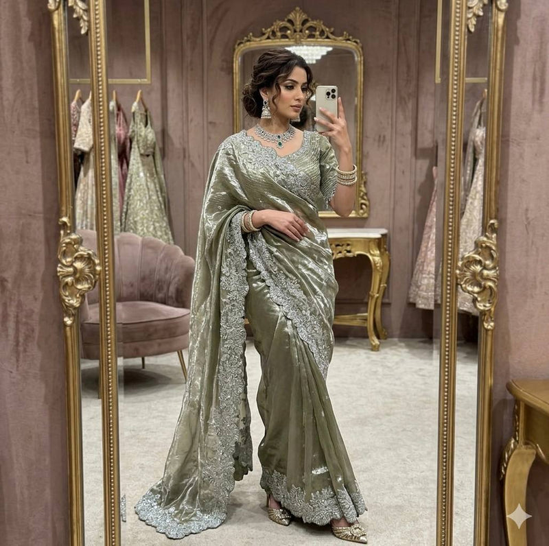 Premium Space Silk Satin Saree | Sequin, Thread & Zari Work | Scallop Border | Tassel Embroidered Blouse