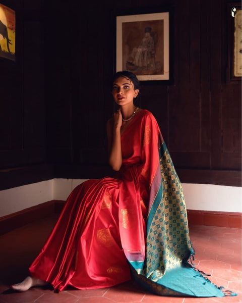 Elegant Red Banarasi Soft Silk Saree with Gold Zari Motifs & Traditional Woven Border