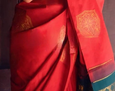 Elegant Red Banarasi Soft Silk Saree with Gold Zari Motifs & Traditional Woven Border