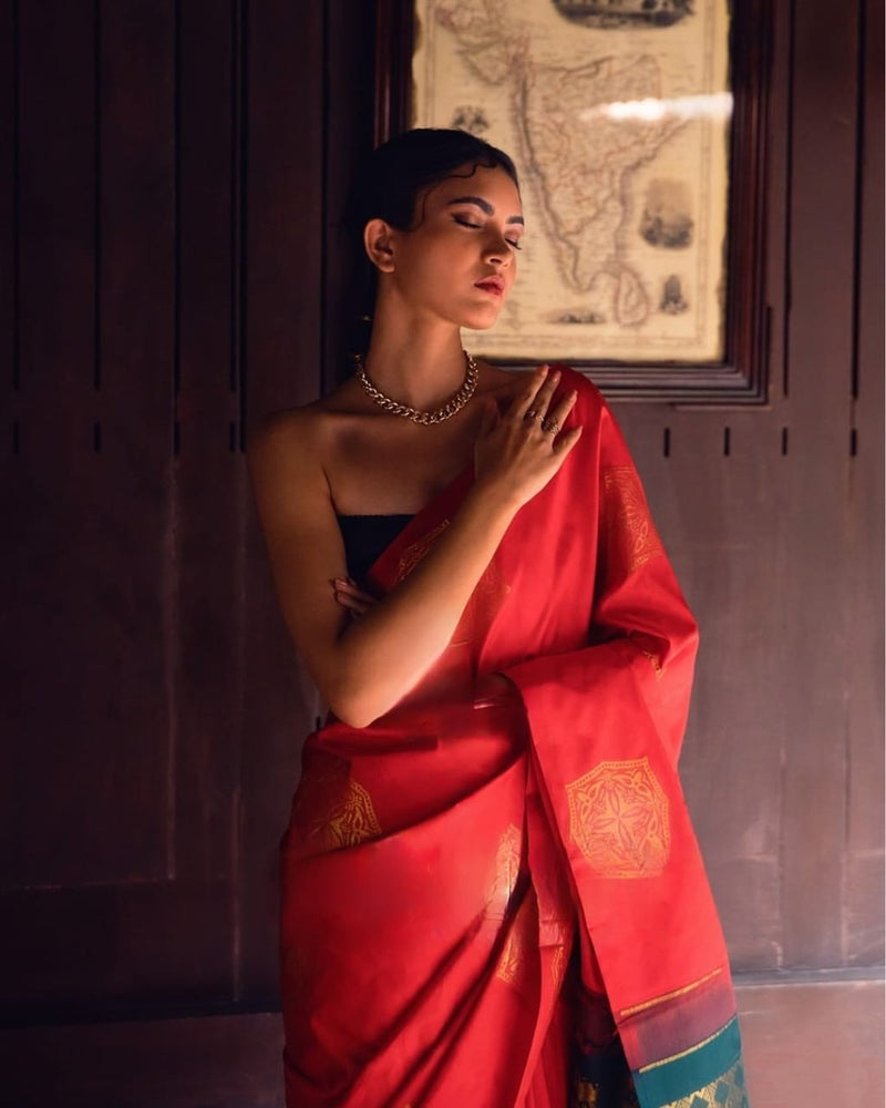 Elegant Red Banarasi Soft Silk Saree with Gold Zari Motifs & Traditional Woven Border