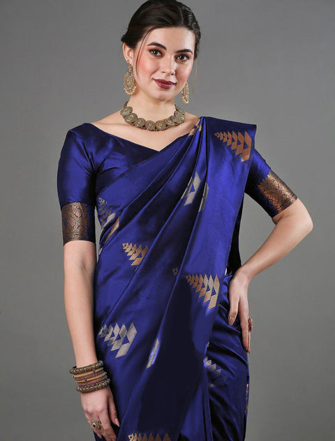 Banarasi Soft Silk Saree with Copper & Silver Zari Weaving – Royal Blue