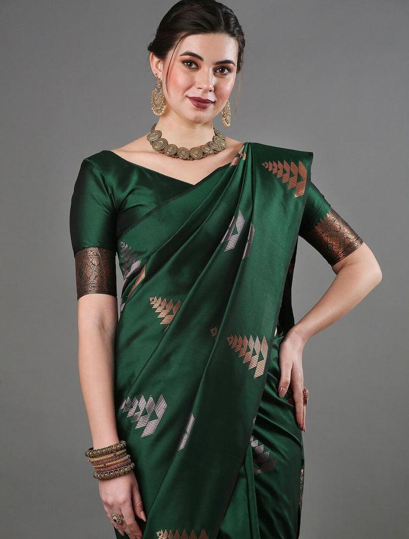 Banarasi Soft Silk Saree with Copper & Silver Zari Weaving – Bottle Green