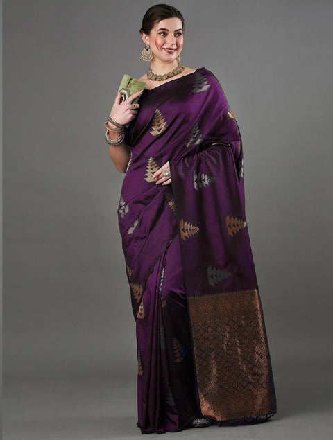 Banarasi Soft Silk Saree with Copper & Silver Zari Weaving – Deep Purple