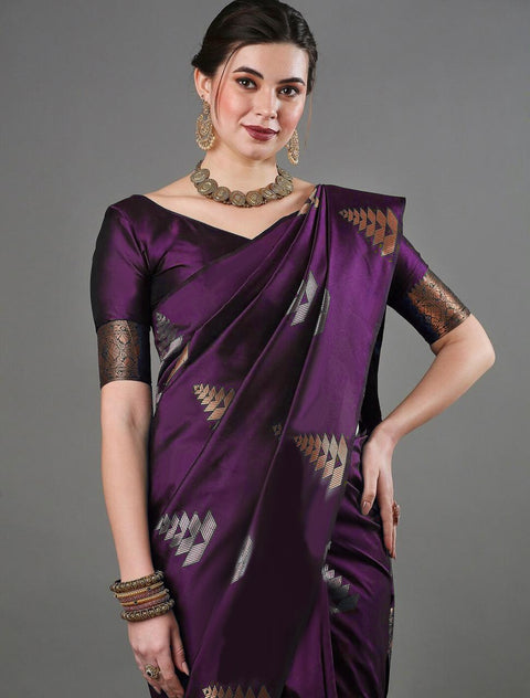 Banarasi Soft Silk Saree with Copper & Silver Zari Weaving – Deep Purple