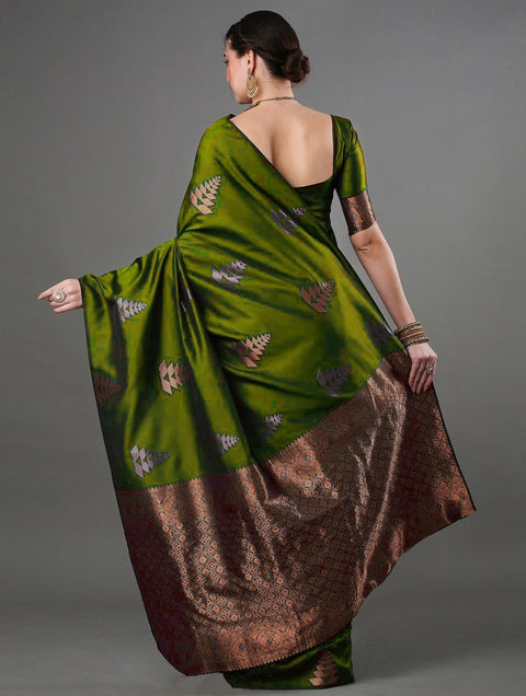 Olive Green Banarasi Soft Silk Saree with Copper & Silver Zari – Wedding & Festive Wear