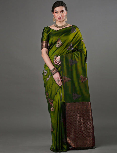 Olive Green Banarasi Soft Silk Saree with Copper & Silver Zari – Wedding & Festive Wear