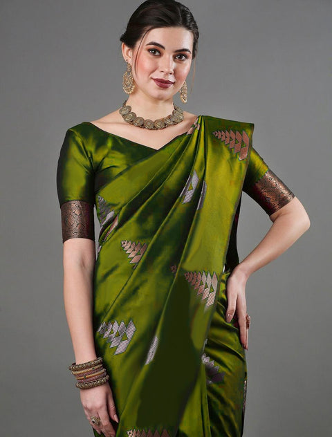 Olive Green Banarasi Soft Silk Saree with Copper & Silver Zari – Wedding & Festive Wear
