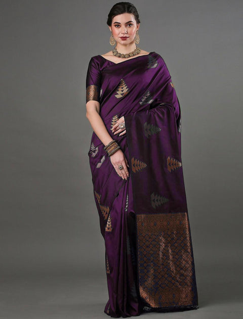 Banarasi Soft Silk Saree with Copper & Silver Zari Weaving – Deep Purple