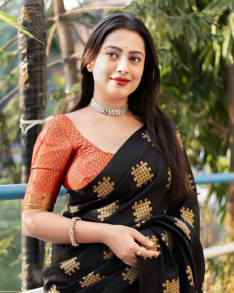 Black Banarasi Soft Silk Saree with Golden Zari Motifs & Rich Copper Zari Pallu