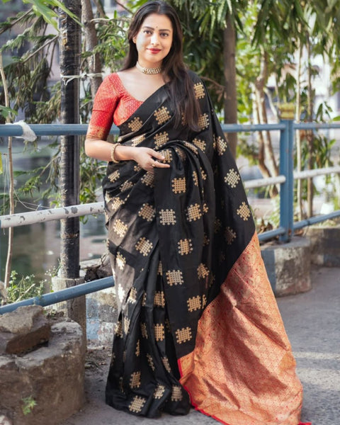 Black Banarasi Soft Silk Saree with Golden Zari Motifs & Rich Copper Zari Pallu