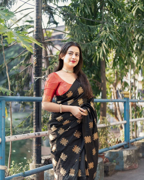 Black Banarasi Soft Silk Saree with Golden Zari Motifs & Rich Copper Zari Pallu