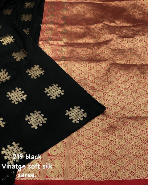 Black Banarasi Soft Silk Saree with Golden Zari Motifs & Rich Copper Zari Pallu