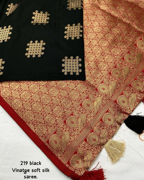 Black Banarasi Soft Silk Saree with Golden Zari Motifs & Rich Copper Zari Pallu