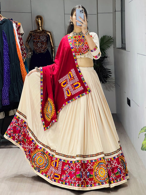 Gujarati Gamthi Mirror Work Lehenga Choli Set | Rayon Cotton Chaniya Choli with Real Mirror Work | Navratri Garba Dandiya & Wedding Wear