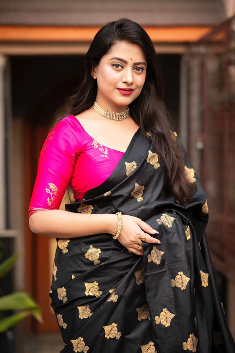 Black Banarasi Soft Silk Saree with Gold Zari Floral Motifs & Hot Pink Brocade Pallu