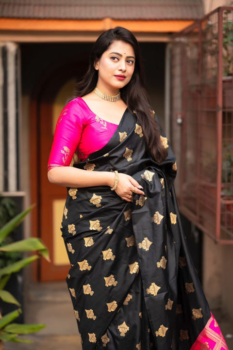 Black Banarasi Soft Silk Saree with Gold Zari Floral Motifs & Hot Pink Brocade Pallu