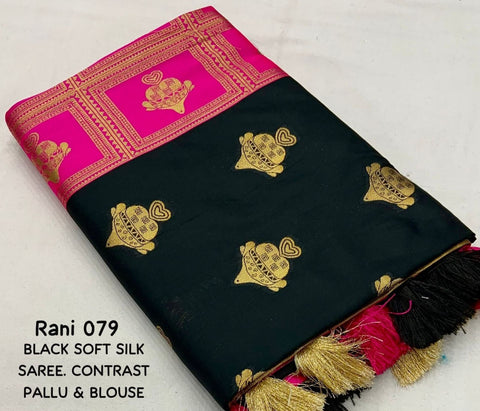 Black Banarasi Soft Silk Saree with Gold Zari Floral Motifs & Hot Pink Brocade Pallu