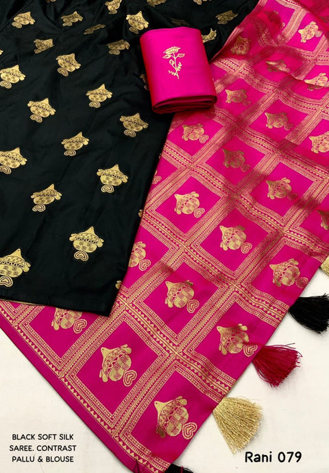 Black Banarasi Soft Silk Saree with Gold Zari Floral Motifs & Hot Pink Brocade Pallu