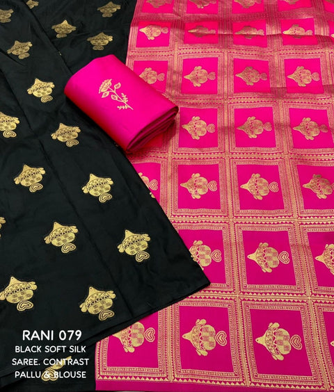 Black Banarasi Soft Silk Saree with Gold Zari Floral Motifs & Hot Pink Brocade Pallu